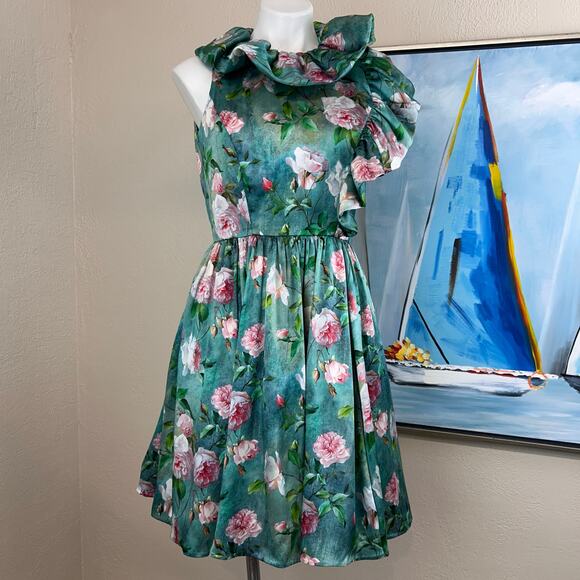 Carnet Como Dress Floral fit and flare. Ruffle collar. Fabric Made in Italy - Picture 1 of 6